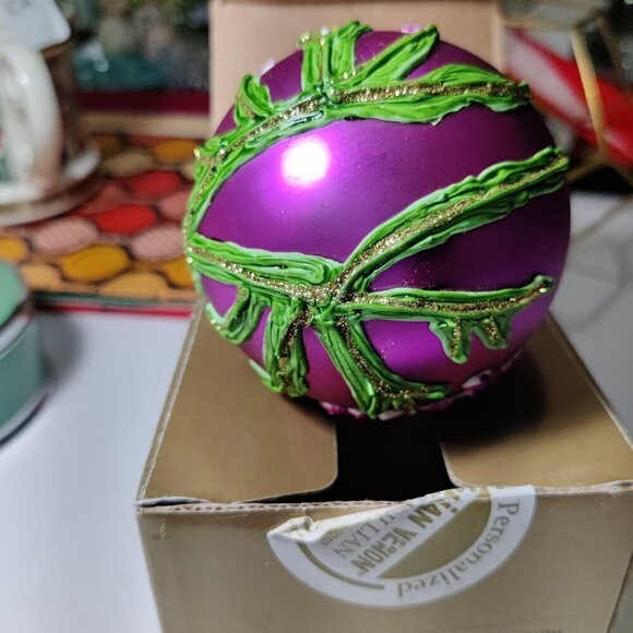 Lilian Vernon February Ornament in Lavender Lustre Paint, hand decorated floral - Picture 2 of 6